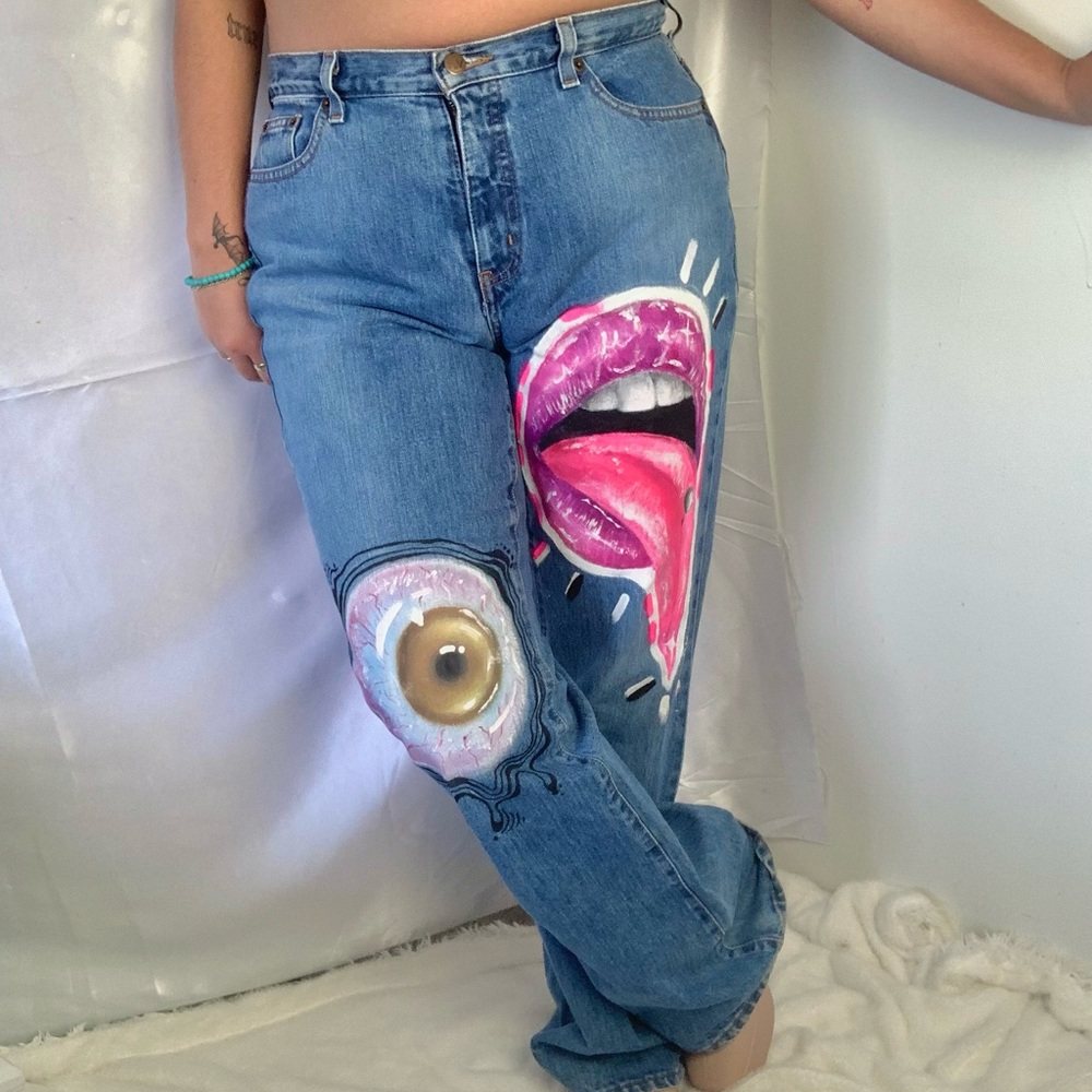 Custom graphic hand painted flare denim jeans
